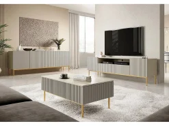 Online Móvel TV de caxemira com 2 portas e 2 gavetas com pé em metal dourado 200x45 cm Bege