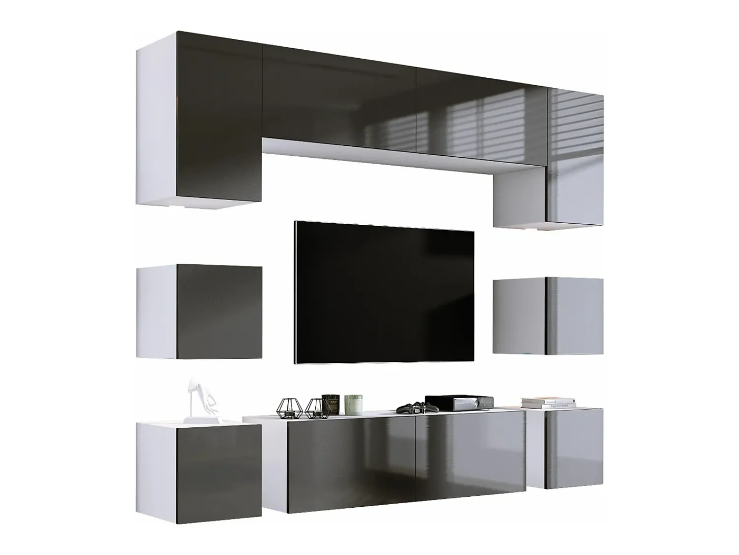Móvel De Tv| Móvel TV de parede, Móvel TV de parede, Branco MATTE/CINZA BRILHANTE, Móvel LED de parede para sala de estar Cinzento