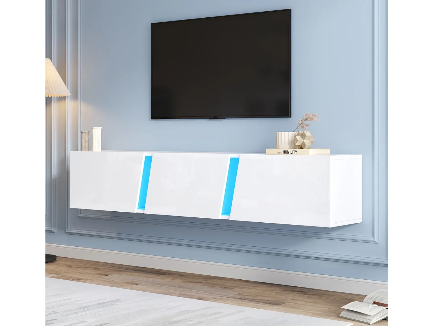 Clearance Hauss Spole Móvel TV de parede 180x35x30cm com LED, 3 portas sanfonadas, lacado brilhante Branco