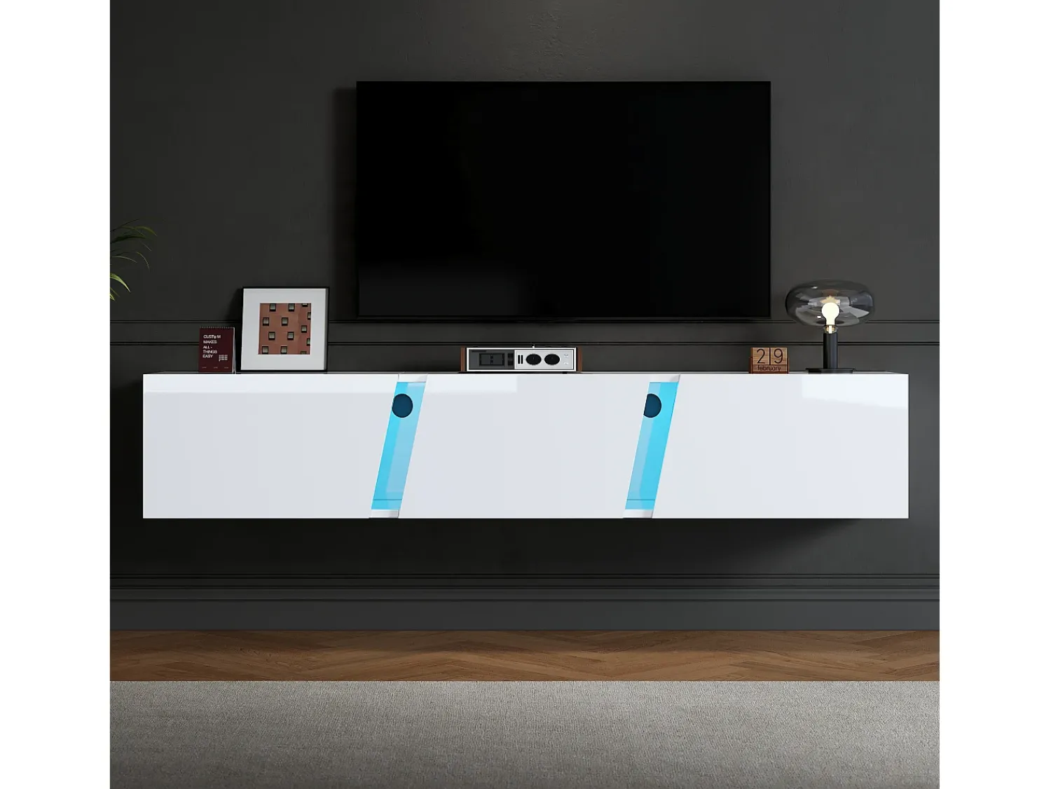 Clearance Hauss Spole Móvel TV de parede 180x35x30cm com LED, 3 portas sanfonadas, lacado brilhante Branco