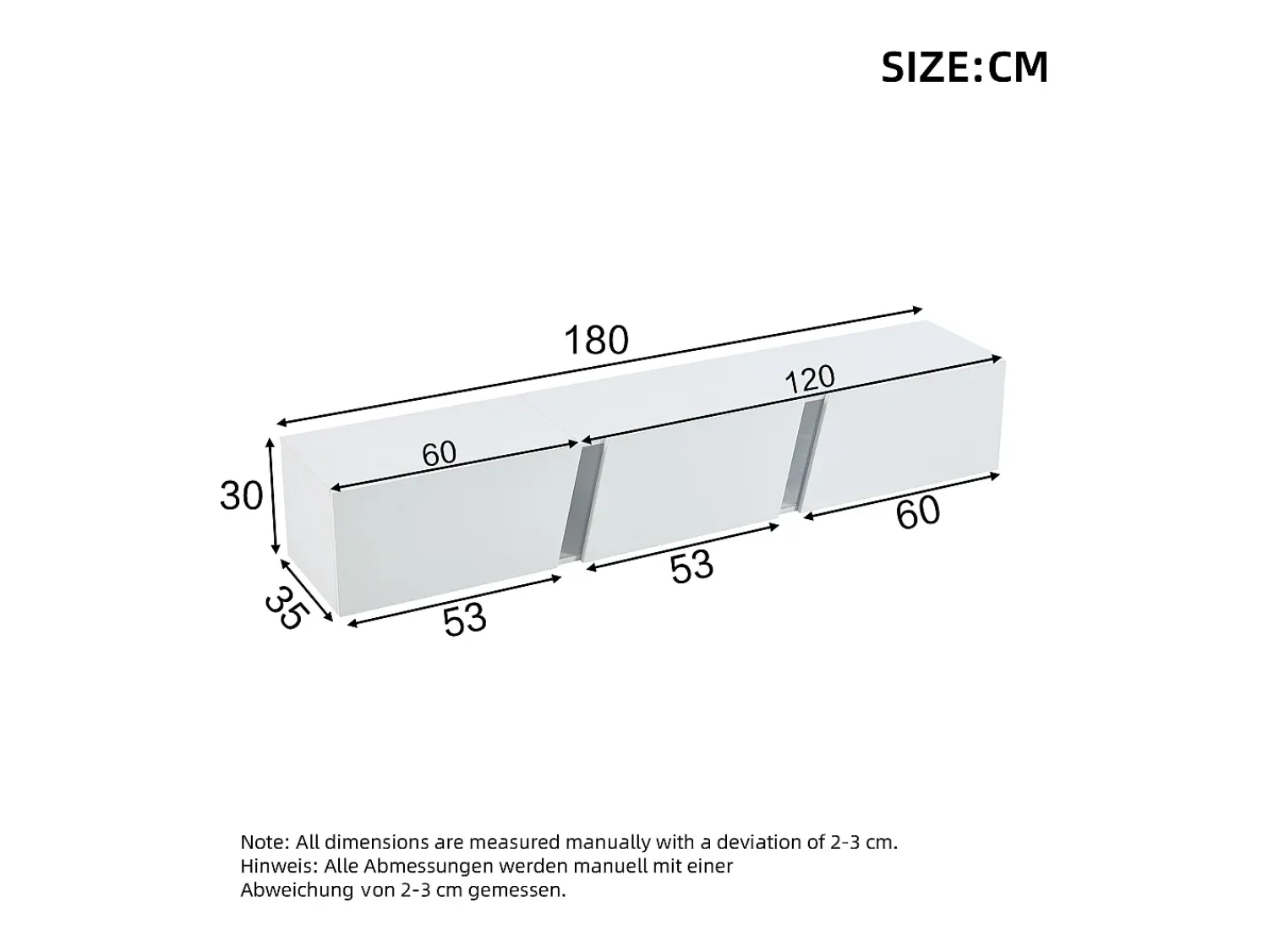 Clearance Hauss Spole Móvel TV de parede 180x35x30cm com LED, 3 portas sanfonadas, lacado brilhante Branco