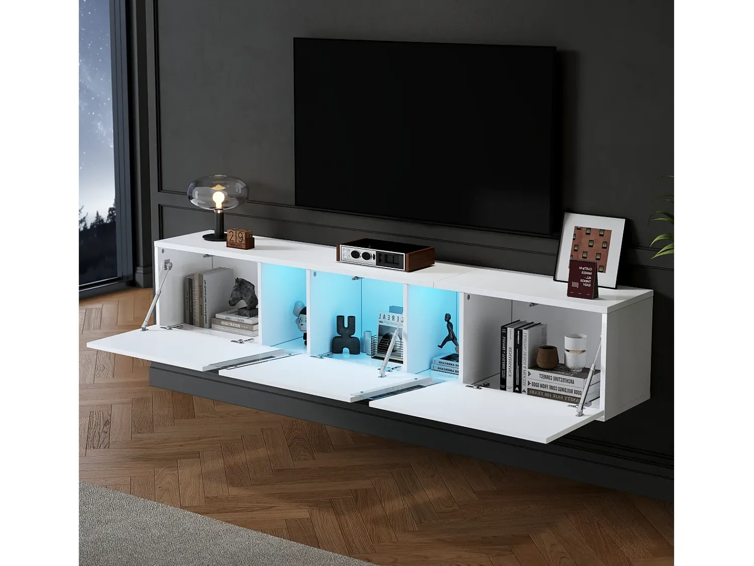 Clearance Hauss Spole Móvel TV de parede 180x35x30cm com LED, 3 portas sanfonadas, lacado brilhante Branco