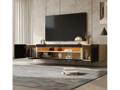 Hauss Spole Móvel TV de parede 180x37x36cm com LED, 3 portas, corpo em folheado de madeira natural e lacado brilhante^ Móvel De Tv