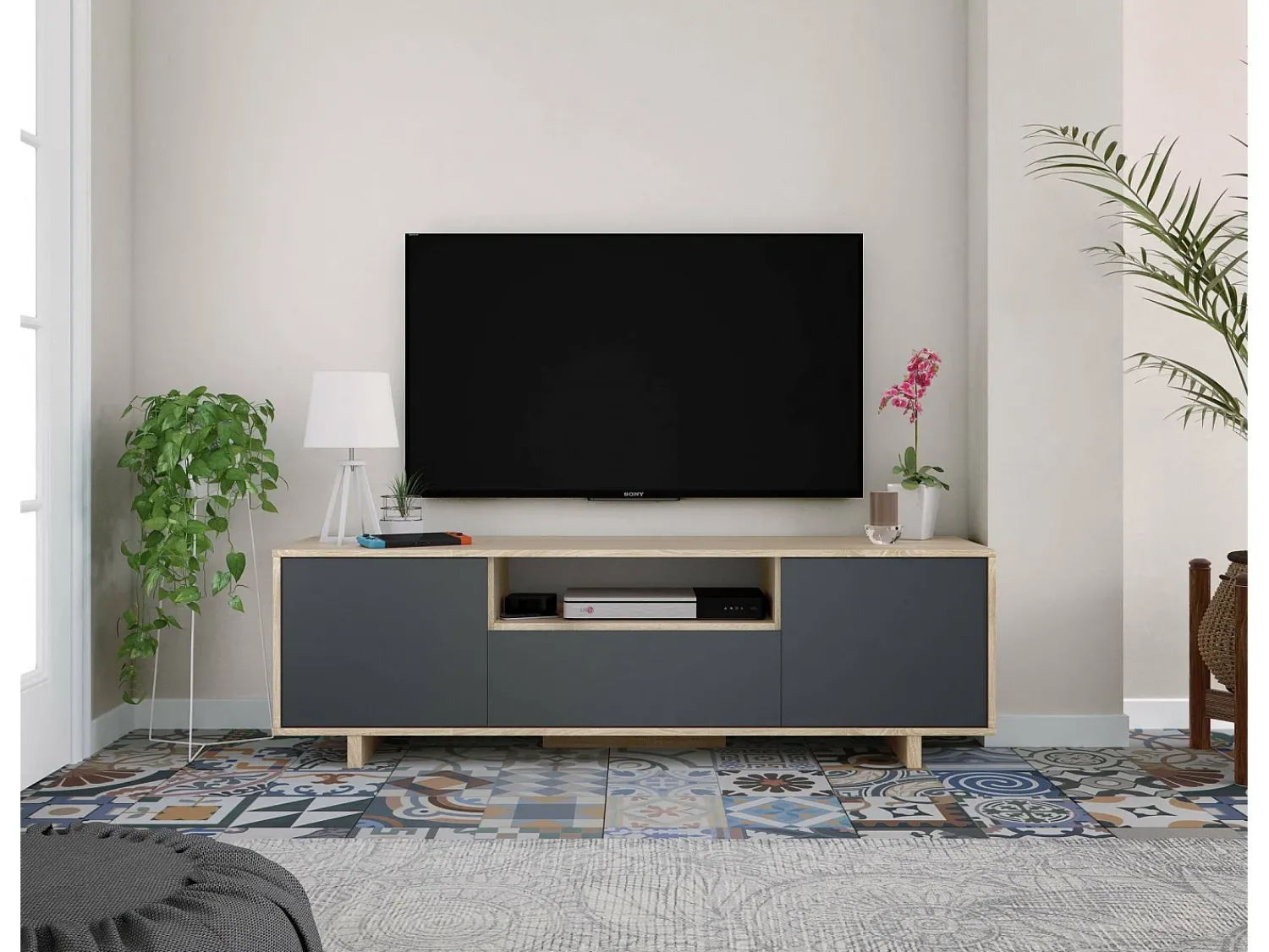 Sale Dmora Móvel TV Dnard, Aparador para televisão da sala, Móvel TV 3 portas, Aparador baixo, 150x41h46 cm, Carvalho Castanho