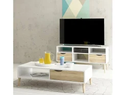 Discount Dmora Móvel TV Dtesse, Aparador de sala, Armário baixo para TV, Base de parede equipada, 117x39 h57 cm, e Carvalho Branco