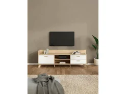 New Dmora Móvel TV Dtestin, Aparador de sala, Armário baixo para TV, Base de parede equipada, 182x51 h62 cm, Carvalho e Branco Castanho