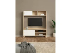 Móvel De Tv*Dmora Móvel TV Dteston, Aparador de sala, Armário baixo para TV, Base de parede equipada, 159x48 h181 cm, Carvalho e Branco Castanho