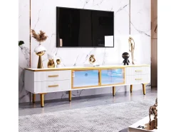 Móvel De Tv|ModernLuxe Móvel TV escandinavo 170cm com LED - 4 gavetas - folheado com padrão mármore - Branco