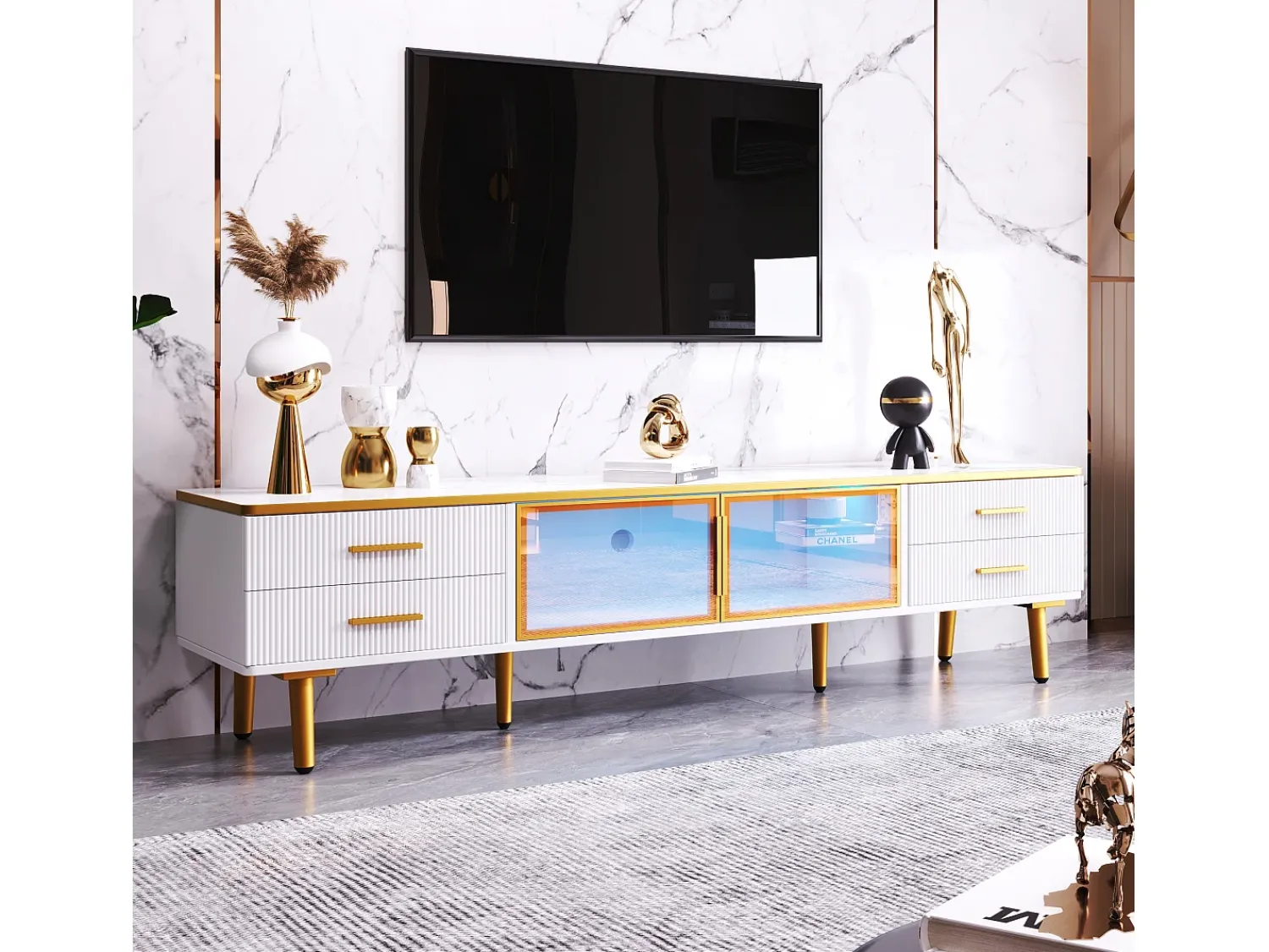 Móvel De Tv|ModernLuxe Móvel TV escandinavo 170cm com LED - 4 gavetas - folheado com padrão mármore - Branco