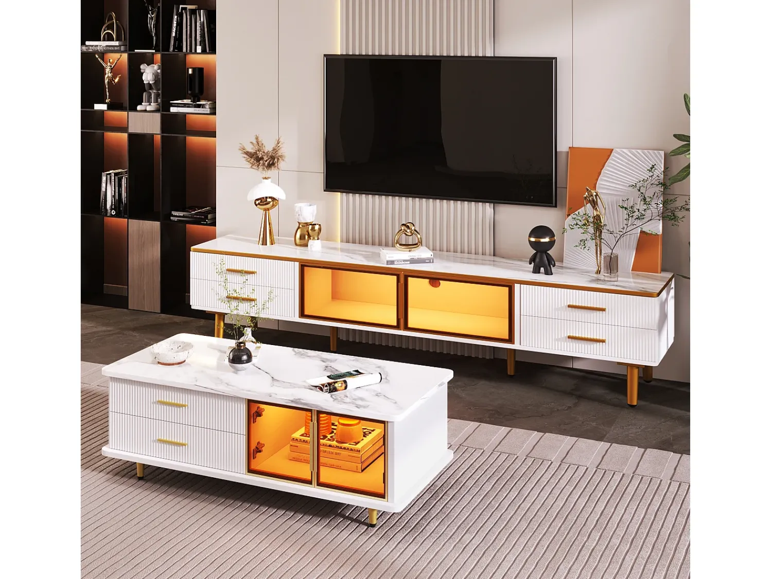Móvel De Tv|ModernLuxe Móvel TV escandinavo 170cm com LED - 4 gavetas - folheado com padrão mármore - Branco