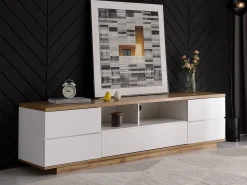 Móvel De Tv|ModernLuxe Móvel TV escandinavo contemporâneo 180 cm em madeira - 5 portas + 8 compartimentos - Natural e Branco Natural claro / Branco