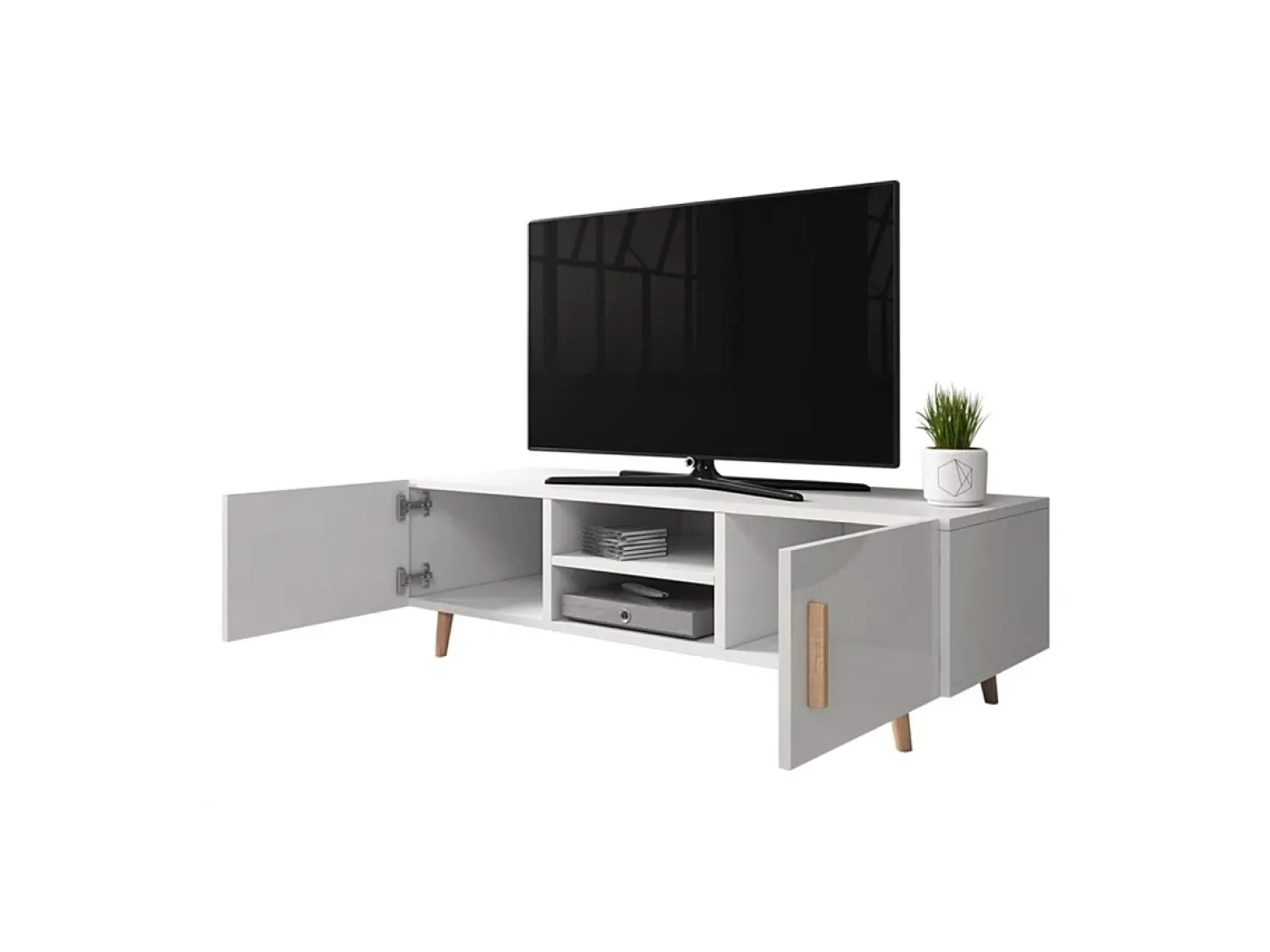 Móvel De Tv*Loungitude Móvel TV Escandinavo SORAYA 2 Portas 2 Nichos e Cinza, Madeira, 140x42x50 cm, Fabricação Europeia Branco
