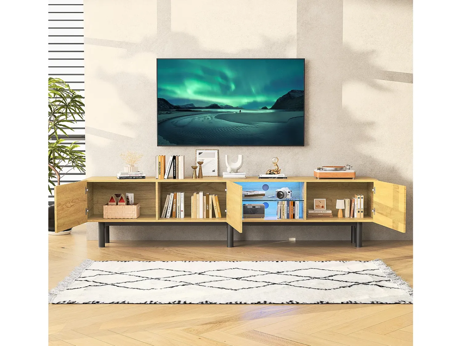 Móvel TV industrial com LED, 3 portas 2 prateleiras, 175x31x41cm, natural^ Móvel De Tv