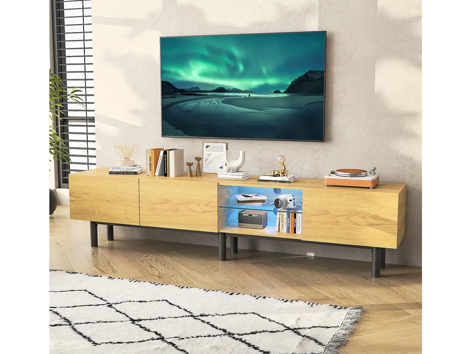 Móvel TV industrial com LED, 3 portas 2 prateleiras, 175x31x41cm, natural^ Móvel De Tv