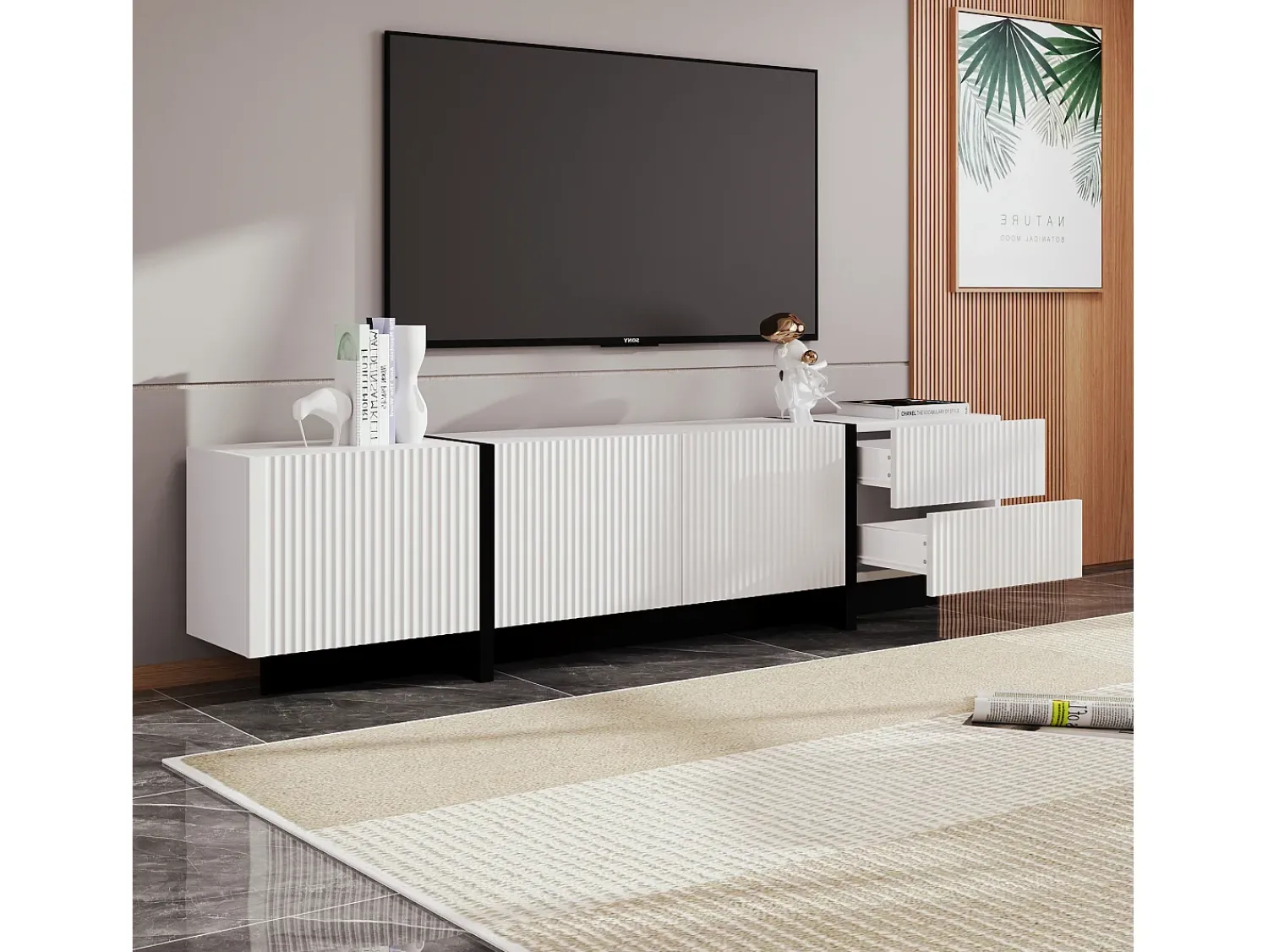 ModernLuxe Móvel TV L 190cm - 3 portas 2 gavetas 5 compartimentos - Branco e Preto^ Móvel De Tv