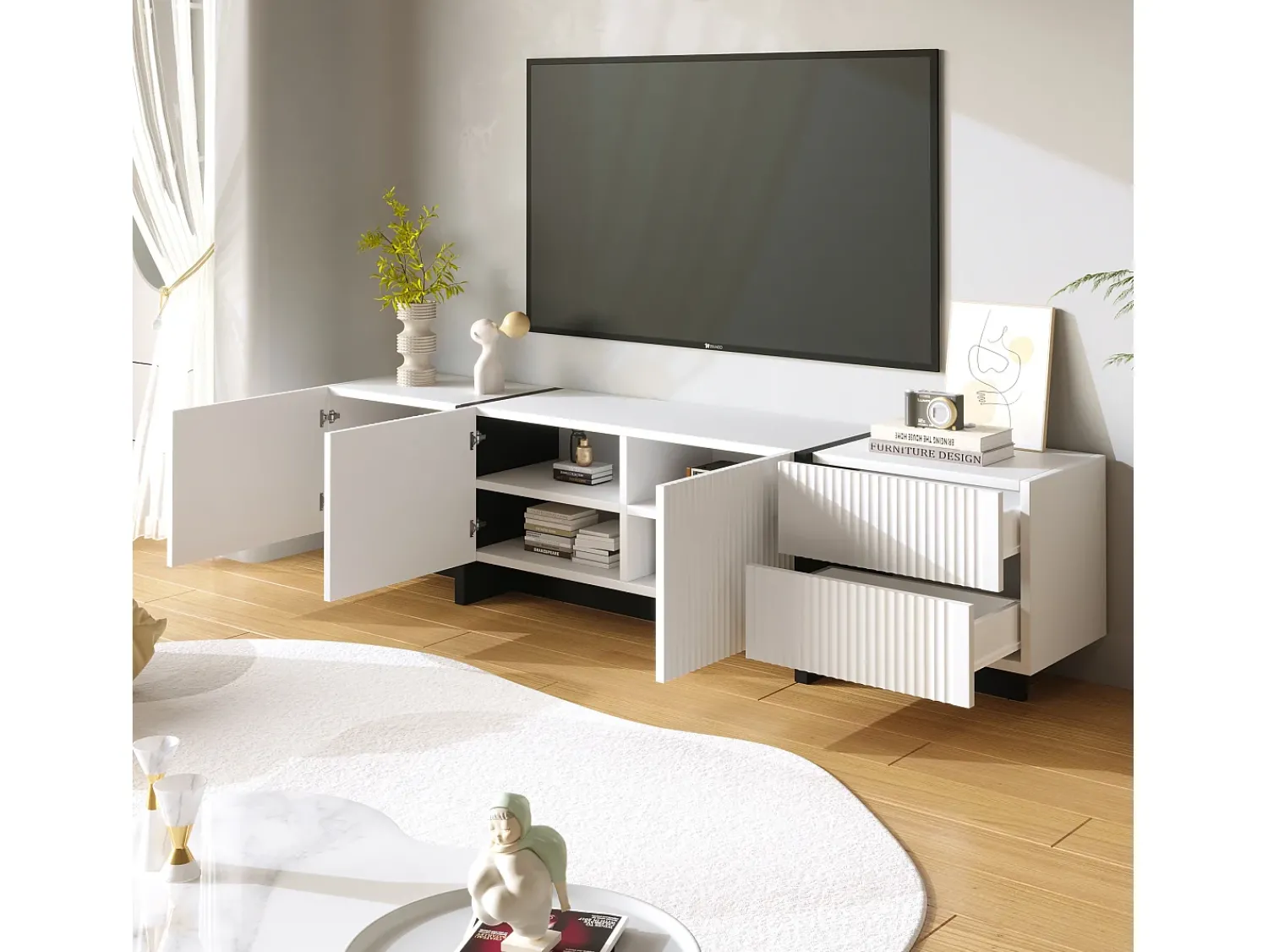 ModernLuxe Móvel TV L 190cm - 3 portas 2 gavetas 5 compartimentos - Branco e Preto^ Móvel De Tv