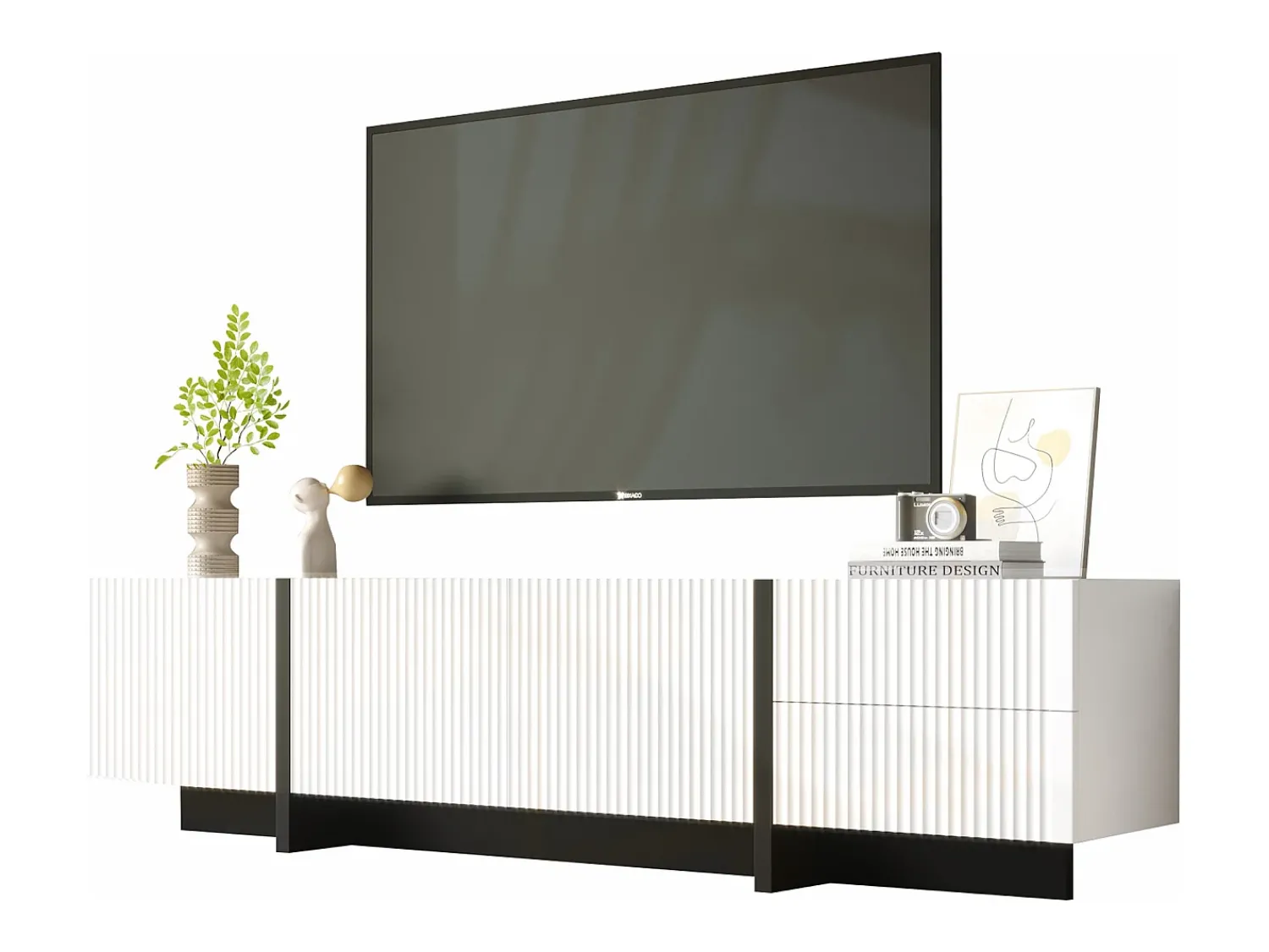 ModernLuxe Móvel TV L 190cm - 3 portas 2 gavetas 5 compartimentos - Branco e Preto^ Móvel De Tv