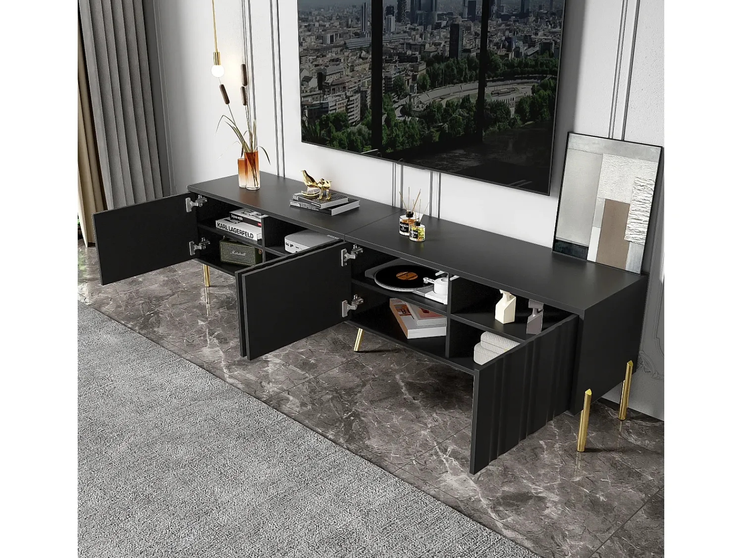 Hot ModernLuxe Móvel TV L 190cm - 4 portas e 8 prateleiras - estilo moderno - Preto