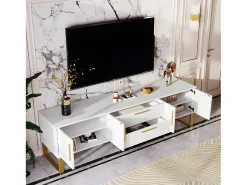 Móvel De Tv|ModernLuxe Móvel TV L 170cm - aspecto brilhante - 4 portas texturadas gravadas com puxadores dourados - Branco