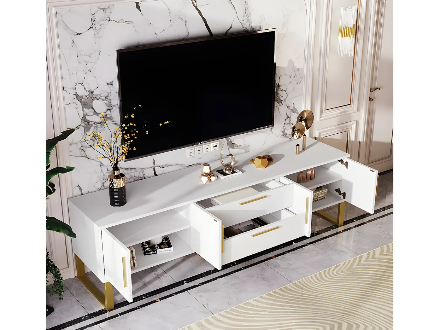 Móvel De Tv|ModernLuxe Móvel TV L 170cm - aspecto brilhante - 4 portas texturadas gravadas com puxadores dourados - Branco