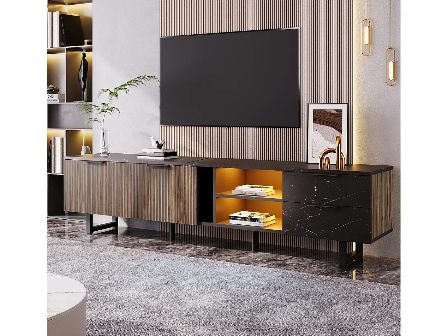 Móvel De Tv|ModernLuxe Móvel TV L 200cm com LED - 2 portas e 2 gavetas - Castanho