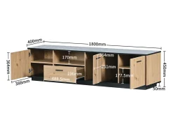 Sale Móvel TV LED 15 lâmpadas - TV-Board com 1 gaveta + 3 portas + 2 compartimentos placa de tecto preta - natural 180x40x45cm Natural claro