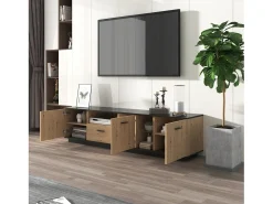 Sale Móvel TV LED 15 lâmpadas - TV-Board com 1 gaveta + 3 portas + 2 compartimentos placa de tecto preta - natural 180x40x45cm Natural claro