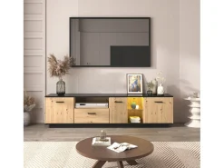 Sale Móvel TV LED 15 lâmpadas - TV-Board com 1 gaveta + 3 portas + 2 compartimentos placa de tecto preta - natural 180x40x45cm Natural claro