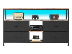 Móvel De Tv| Móvel TV LED 137x30x78cm - 4 gavetas, 2 compartimentos e prateleira - tecido pele e metal - Preto