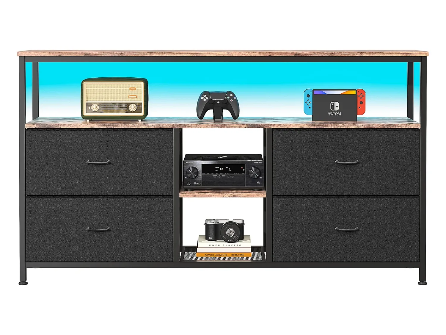 Móvel De Tv| Móvel TV LED 137x30x78cm - 4 gavetas, 2 compartimentos e prateleira - tecido pele e metal - Preto