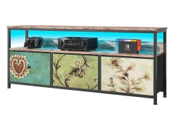 Móvel TV LED 108x30x78cm - 4 gavetas, 2 compartimentos e prateleira - tecido pele e metal preto - Cor^ Móvel De Tv