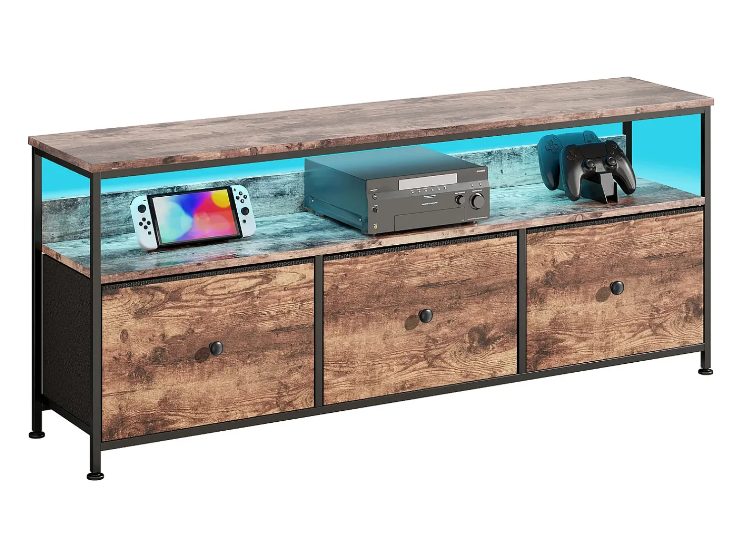 Móvel De Tv* Móvel TV LED 137x30x57cm - 3 gavetas em tecido pele e metal preto - Castanho
