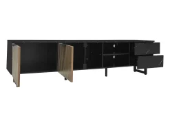 Móvel De Tv| Móvel TV LED 200x50x38cm - com 2 portas e 2 gavetas - aspecto mármore , portas com veios de madeira escura - Preto