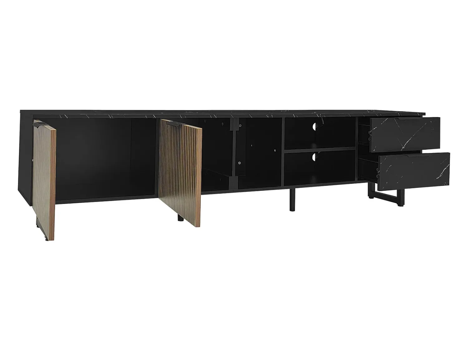 Móvel De Tv| Móvel TV LED 200x50x38cm - com 2 portas e 2 gavetas - aspecto mármore , portas com veios de madeira escura - Preto