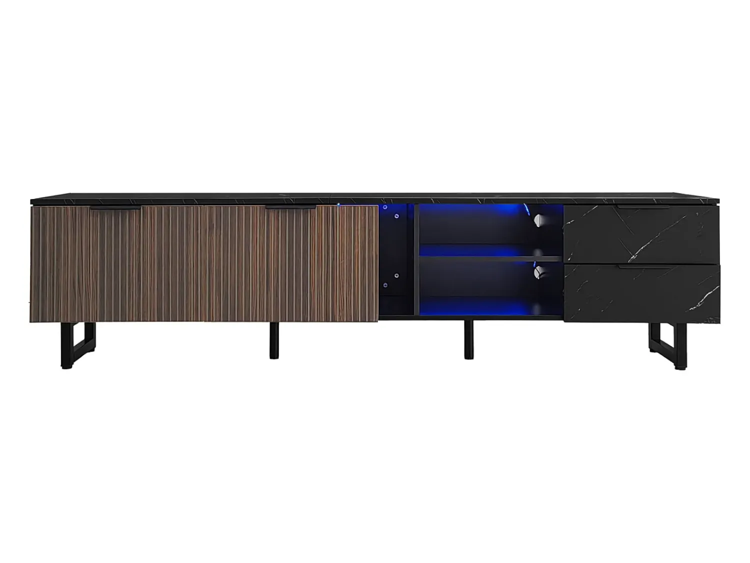 Móvel De Tv| Móvel TV LED 200x50x38cm - com 2 portas e 2 gavetas - aspecto mármore , portas com veios de madeira escura - Preto
