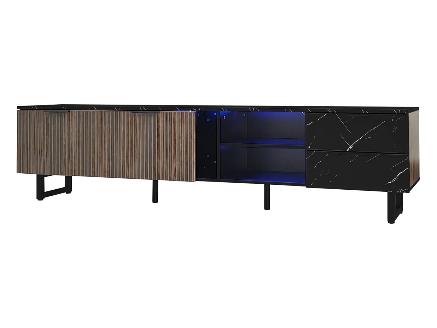 Móvel De Tv| Móvel TV LED 200x50x38cm - com 2 portas e 2 gavetas - aspecto mármore , portas com veios de madeira escura - Preto