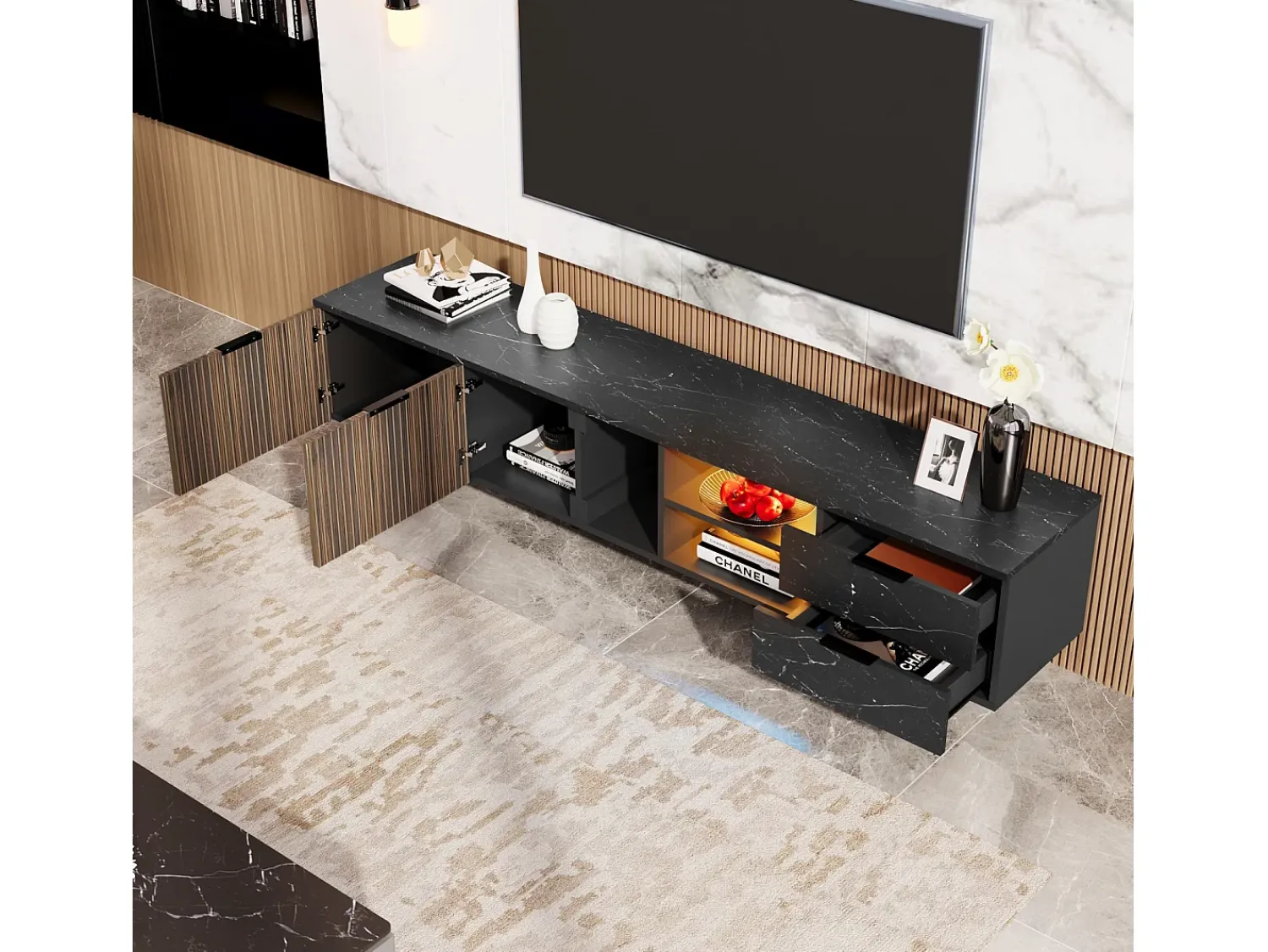 Móvel De Tv| Móvel TV LED 200x50x38cm - com 2 portas e 2 gavetas - aspecto mármore , portas com veios de madeira escura - Preto