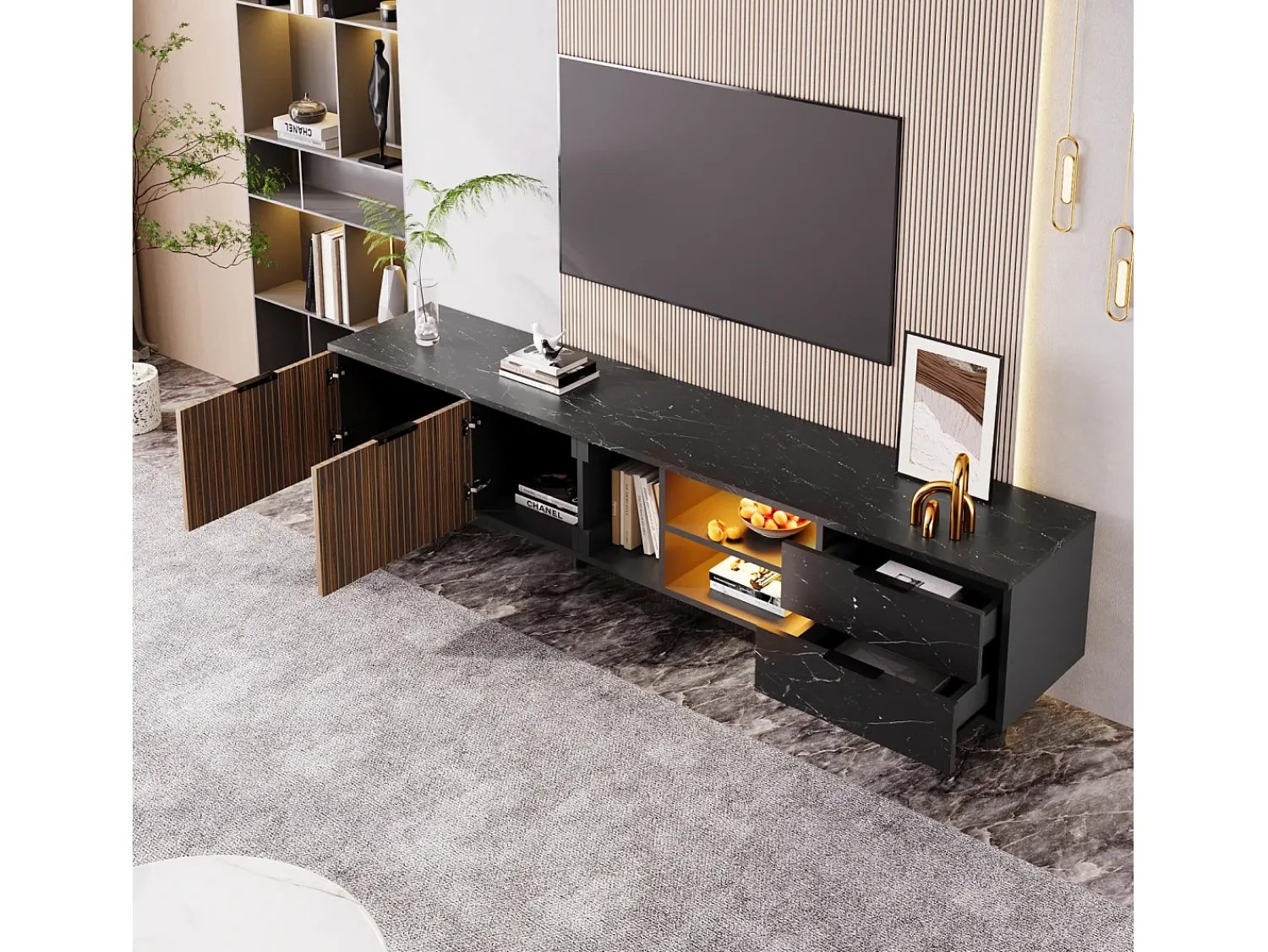 Móvel De Tv| Móvel TV LED 200x50x38cm - com 2 portas e 2 gavetas - aspecto mármore , portas com veios de madeira escura - Preto