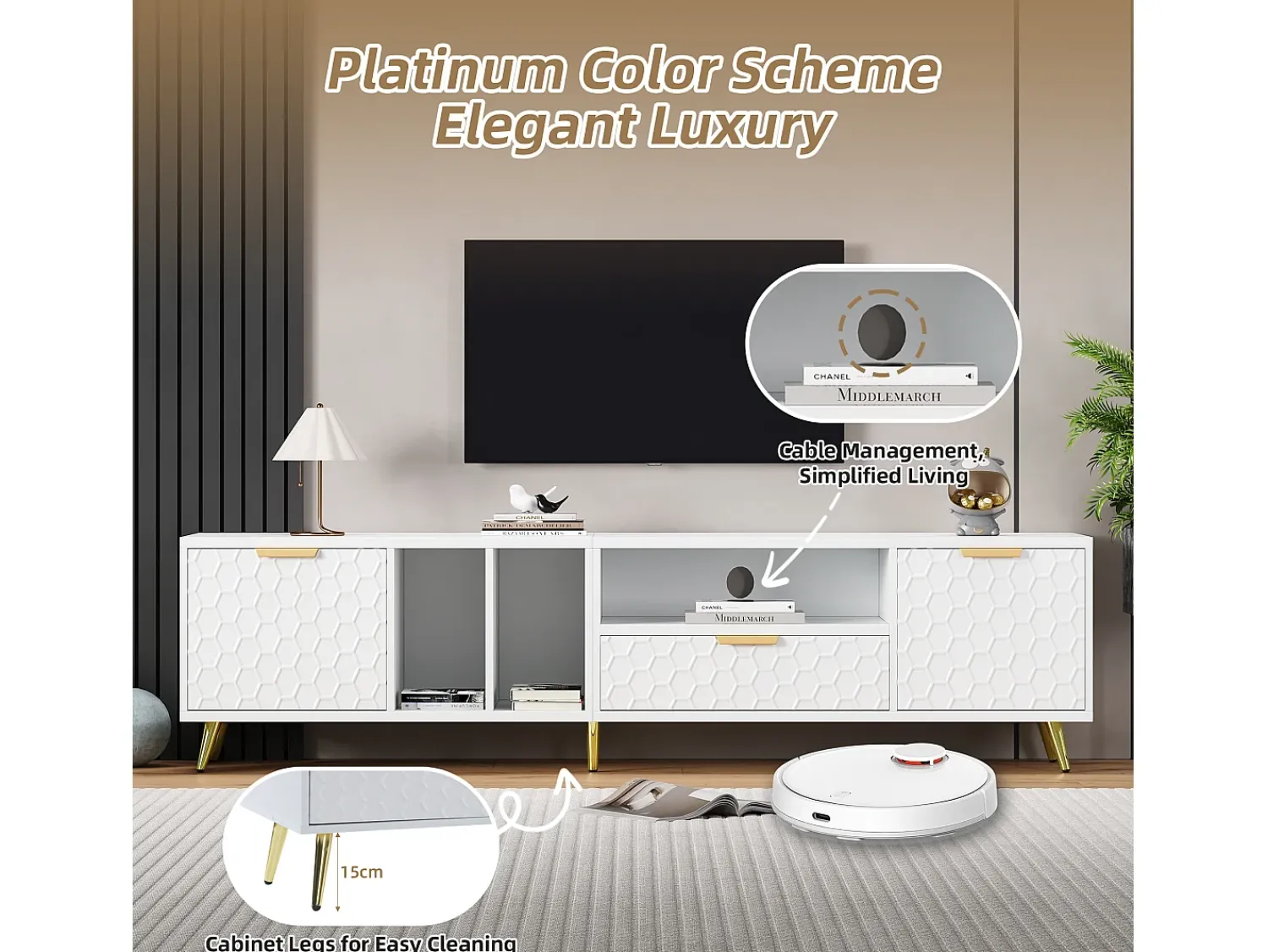 Hot ModernLuxe Móvel TV moderno 180 cm - 1 gaveta + 2 portas + 3 compartimentos - Branco