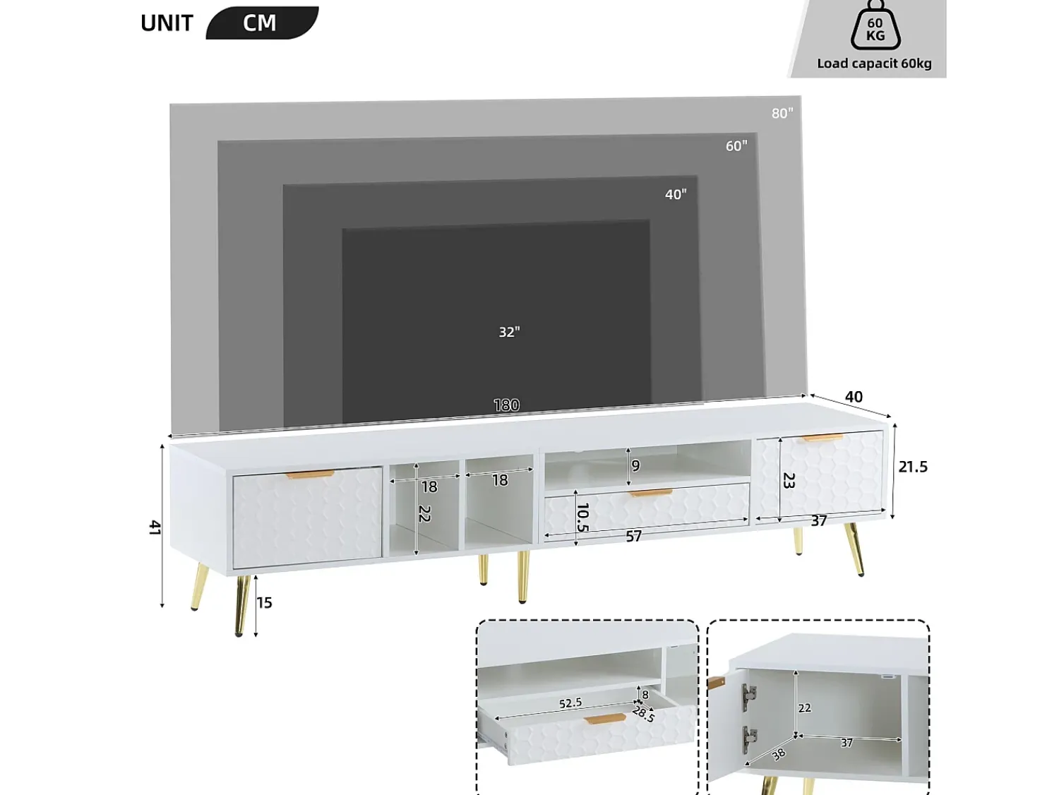 Hot ModernLuxe Móvel TV moderno 180 cm - 1 gaveta + 2 portas + 3 compartimentos - Branco