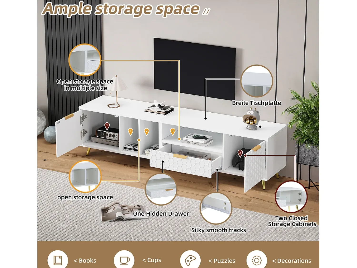 Hot ModernLuxe Móvel TV moderno 180 cm - 1 gaveta + 2 portas + 3 compartimentos - Branco