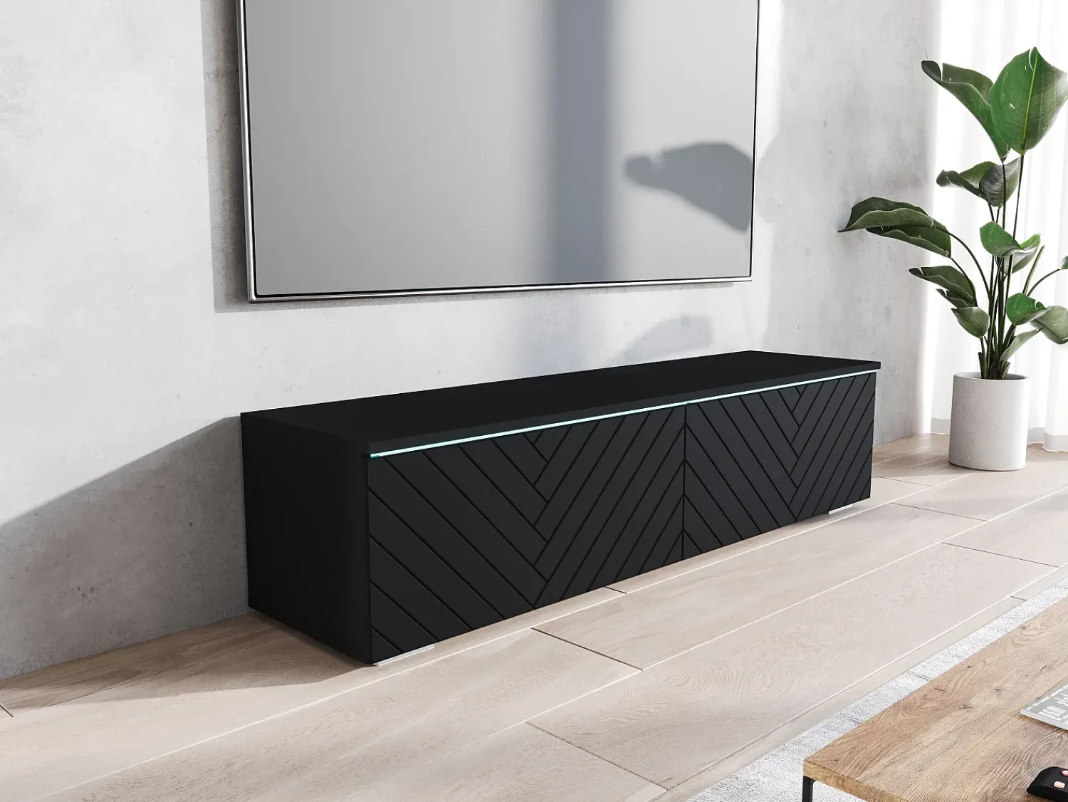 Móvel De Tv* Móvel TV moderno 140 cm para sala com LED 2 portas sem puxadores mate de chão ou suspenso frentes MDF em espinha Preto