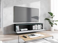 Móvel De Tv* Móvel TV moderno 140 cm para sala com LED 2 portas sem puxadores mate de chão ou suspenso frentes MDF em espinha Preto