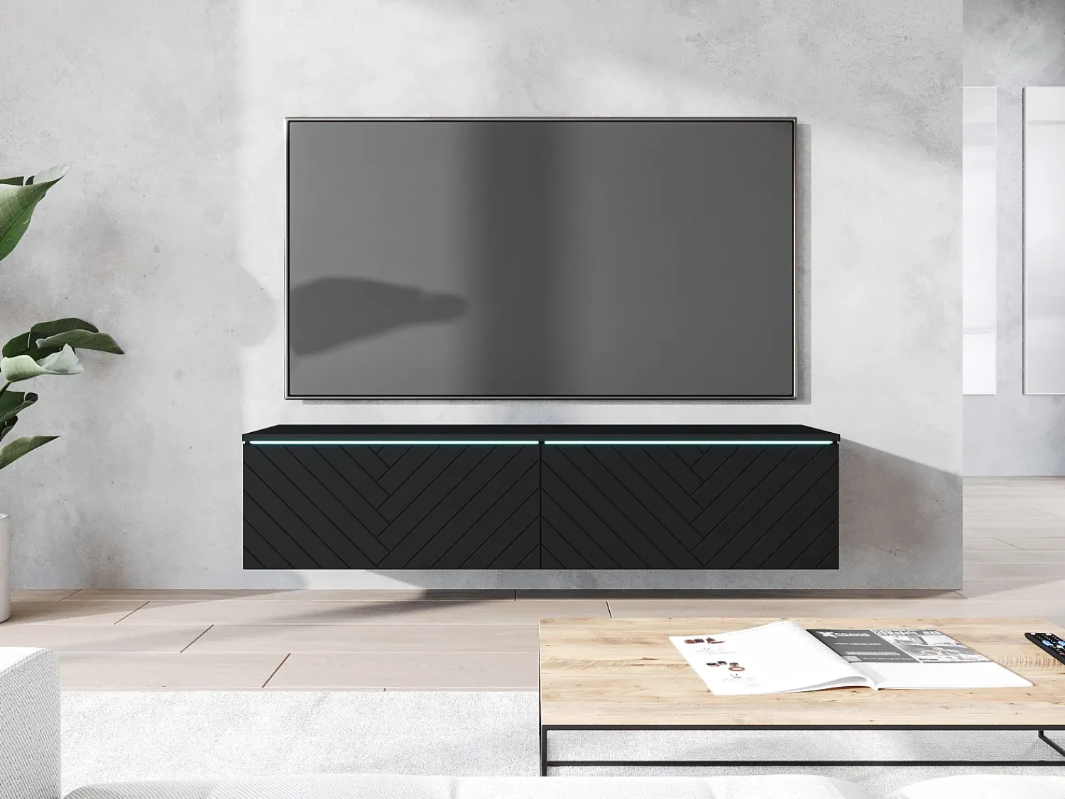 Móvel De Tv* Móvel TV moderno 140 cm para sala com LED 2 portas sem puxadores mate de chão ou suspenso frentes MDF em espinha Preto