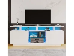Móvel De Tv*ModernLuxe Móvel TV moderno 140cm com LED para TV de 60" - 2 portas e 2 compartimentos de vidro - Branco