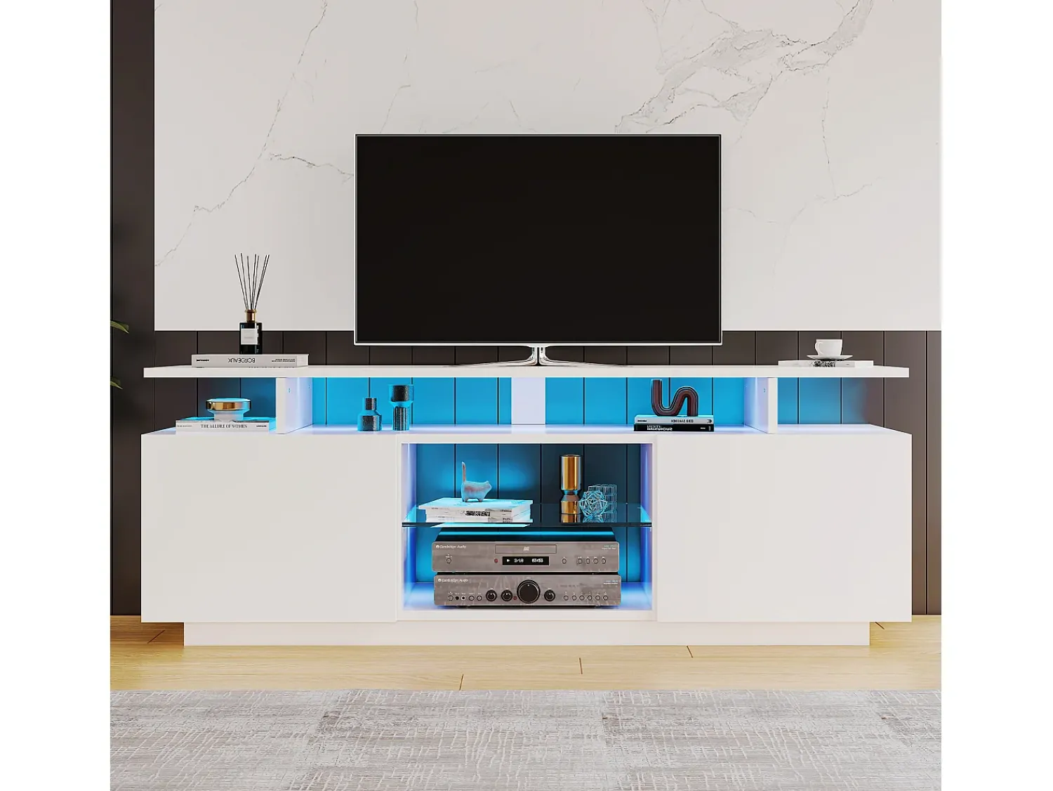 Móvel De Tv*ModernLuxe Móvel TV moderno 140cm com LED para TV de 60" - 2 portas e 2 compartimentos de vidro - Branco