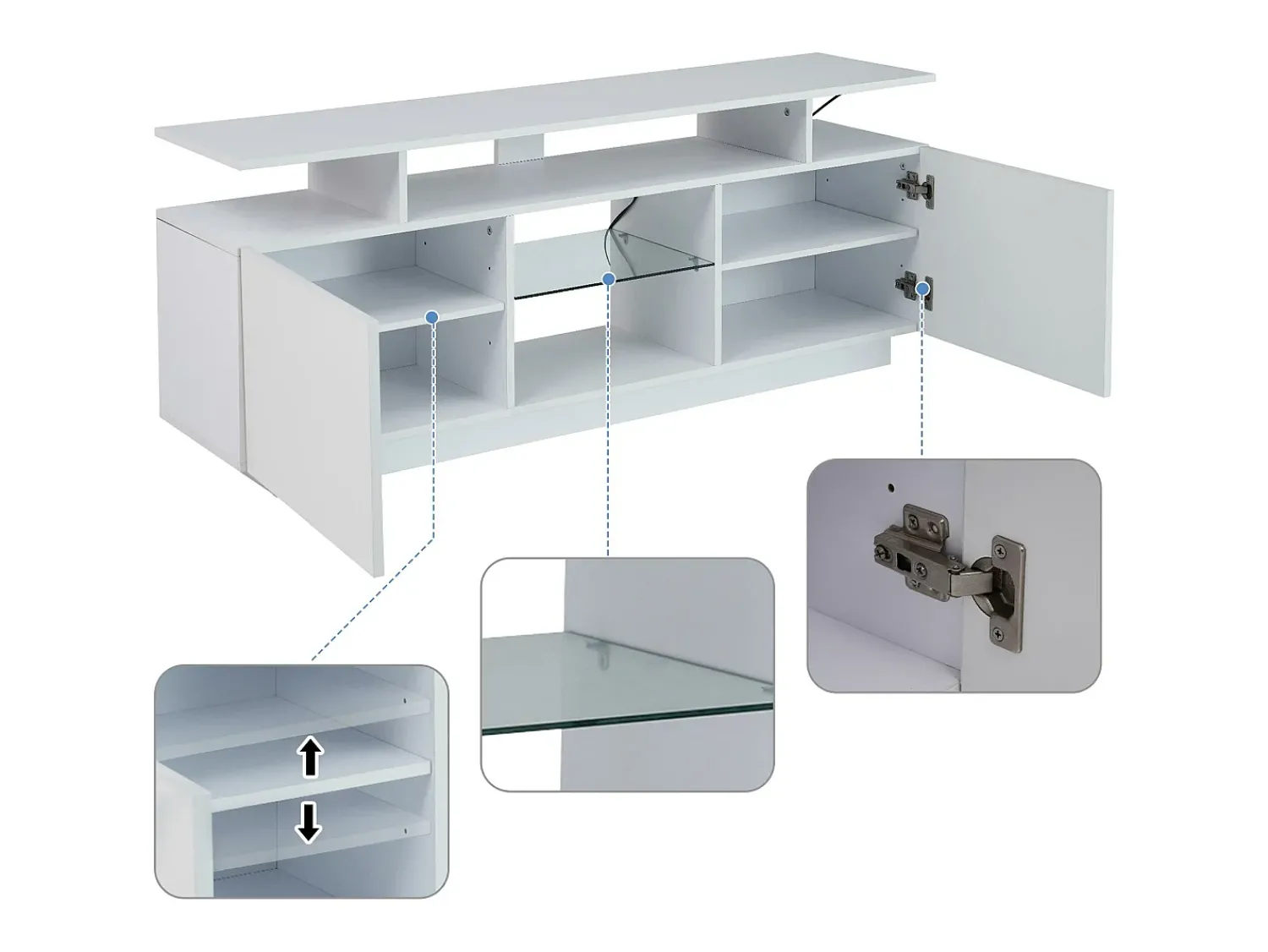 Móvel De Tv*ModernLuxe Móvel TV moderno 140cm com LED para TV de 60" - 2 portas e 2 compartimentos de vidro - Branco