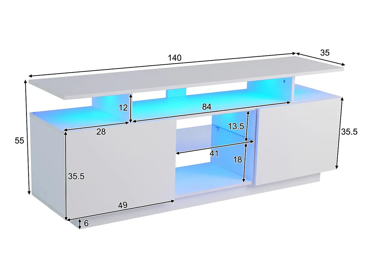 Móvel De Tv*ModernLuxe Móvel TV moderno 140cm com LED para TV de 60" - 2 portas e 2 compartimentos de vidro - Branco