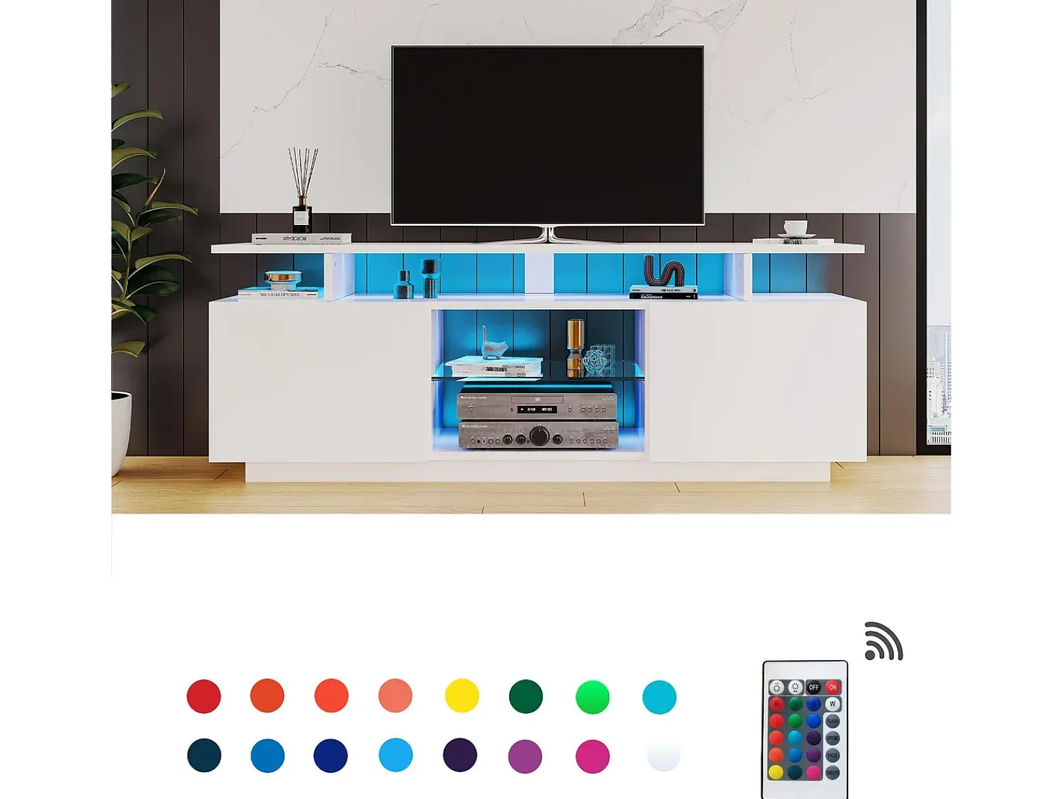 Móvel De Tv*ModernLuxe Móvel TV moderno 140cm com LED para TV de 60" - 2 portas e 2 compartimentos de vidro - Branco