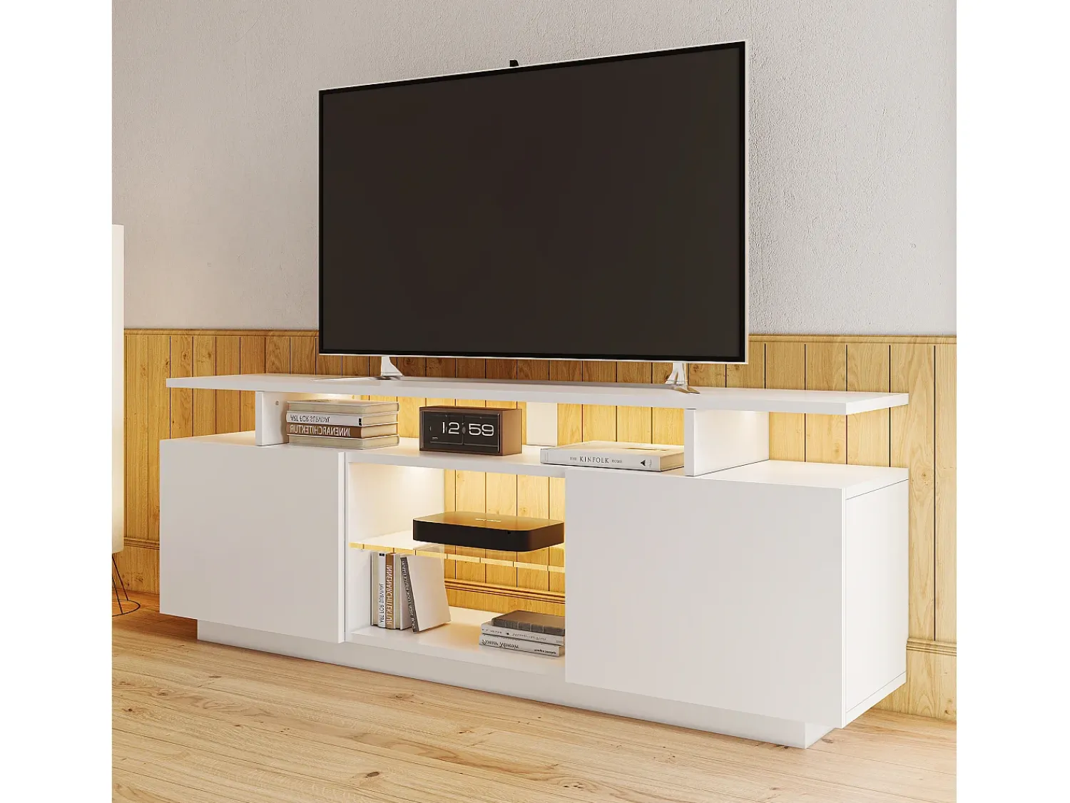 Móvel De Tv*ModernLuxe Móvel TV moderno 140cm com LED para TV de 60" - 2 portas e 2 compartimentos de vidro - Branco